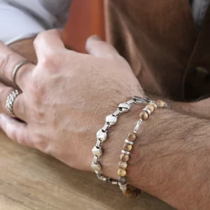 . Idée cadeau bijou homme Argenté et jaspe paysage. Bracelet puissance et reveur