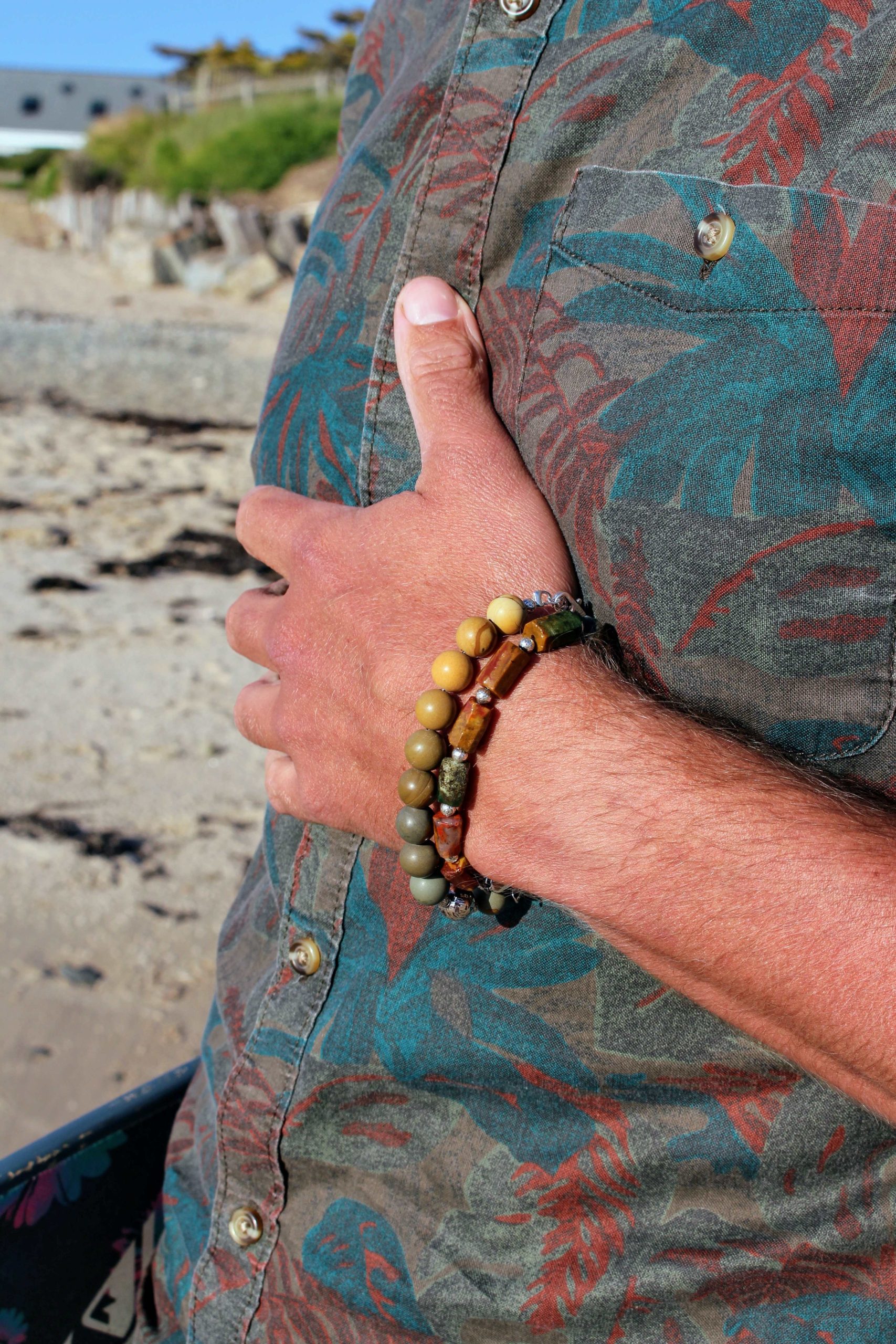 bracelet homme perle ronde jaspe picasso