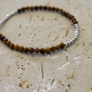 Bijou homme bracelet en pierre naturelle de jaspe paysage couleur marron et argenté