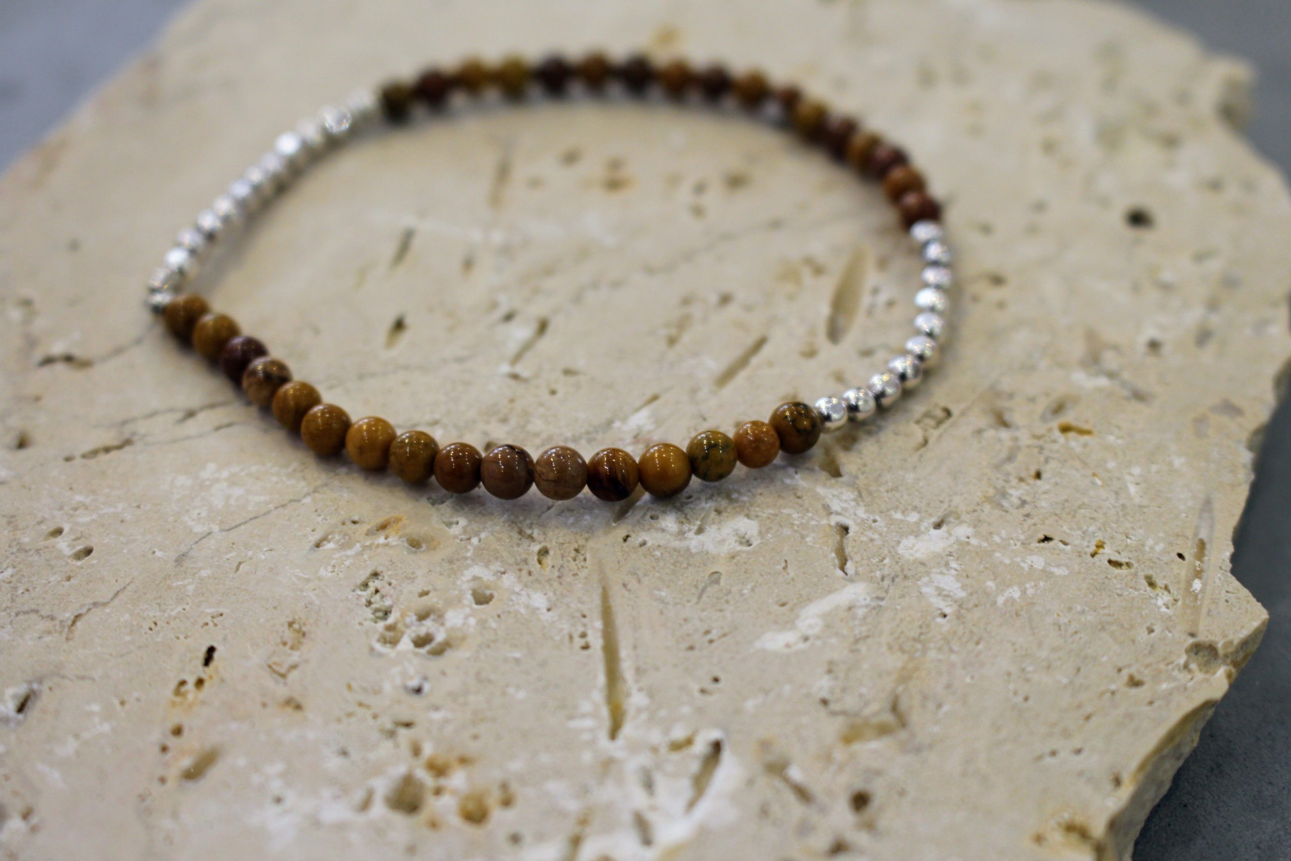 Bijou homme bracelet en pierre naturelle de jaspe paysage couleur marron et argenté