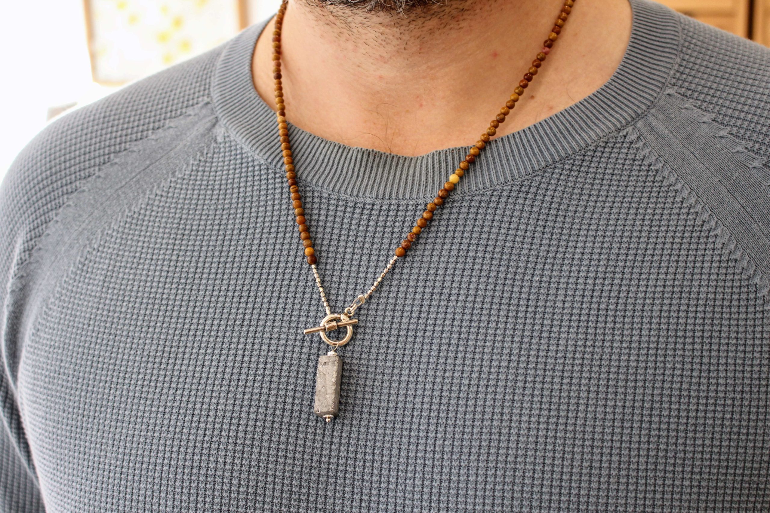 bijou artisanal homme collier jaspe pendentif rectangulaire quartz palladium