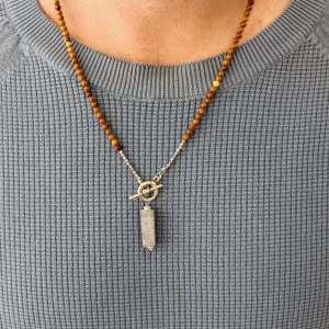 bijou artisanal homme collier jaspe pendentif rectangulaire quartz palladium
