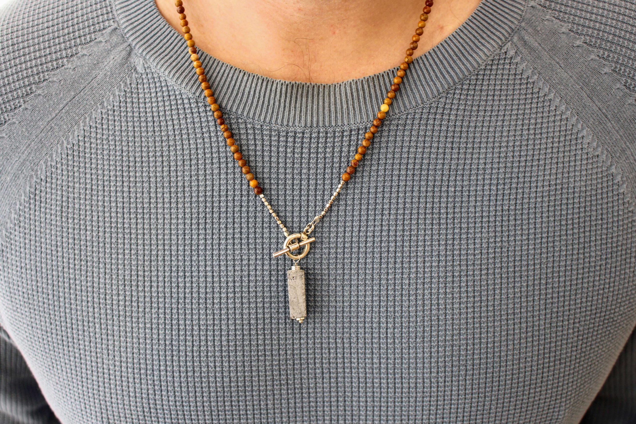 bijou artisanal homme collier jaspe pendentif rectangulaire quartz palladium