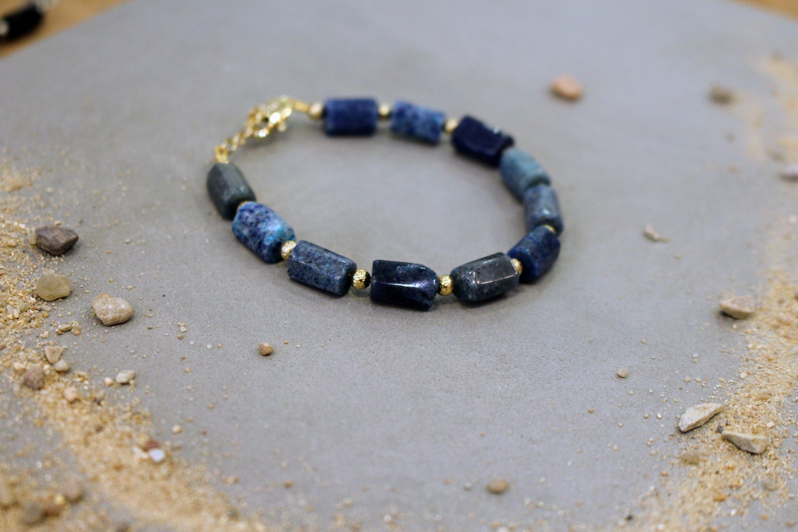 Cadeau Bracelet homme bleu et doré aventurine bleue pierre naturelle