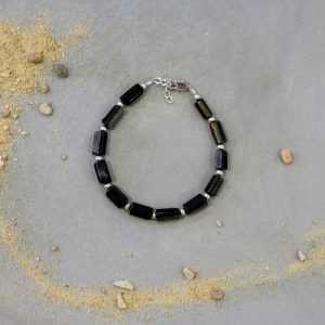 Idée cadeau bijou homme bracelet argenté homme obsidienne dorée