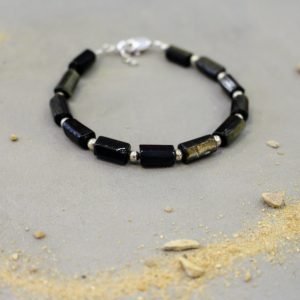 Idée cadeau homme bracelet homme argenté obsidienne dorée