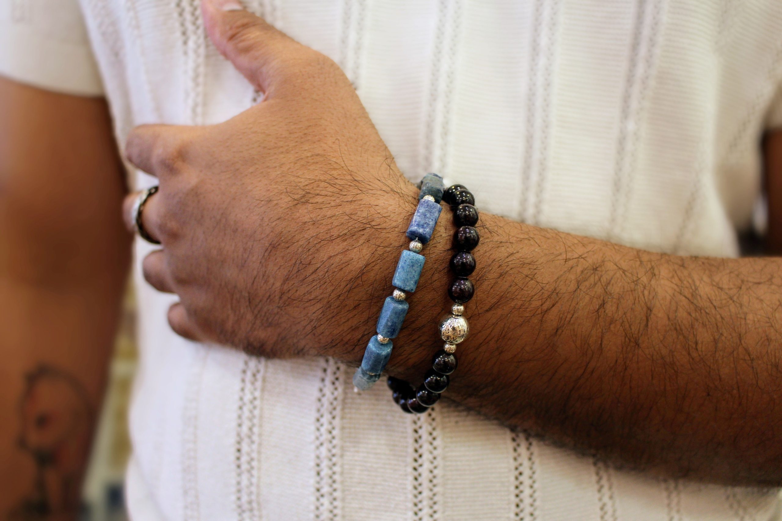 Idée cadeau bracelet homme argenté aventurine bleue grenat