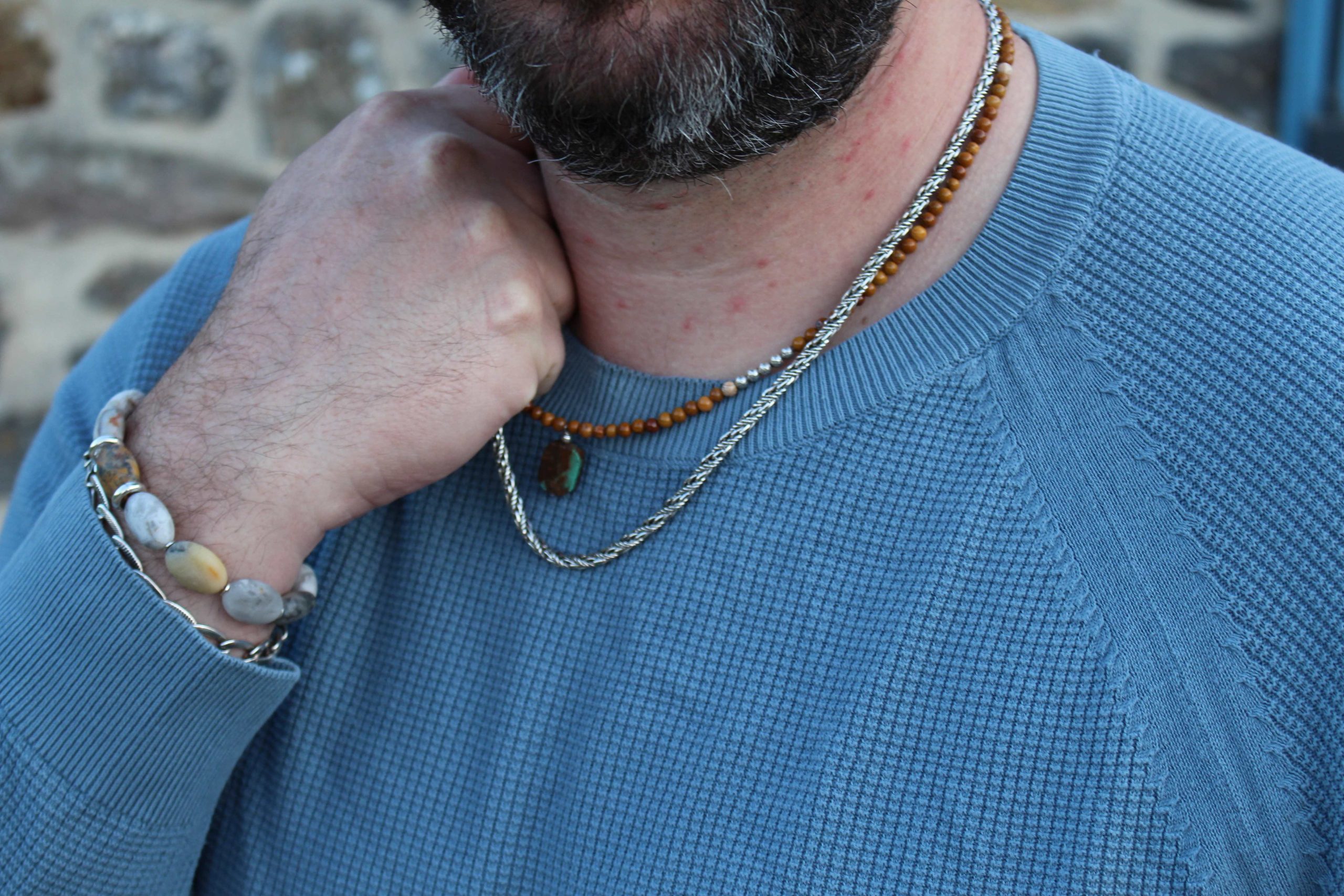 Idée cadeau Bijou homme collier turquoise et jaspe jaune
