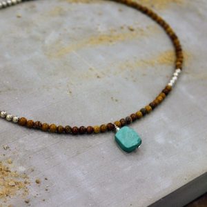 Idée cadeau bijou homme collier jaspe jaune et turquoise